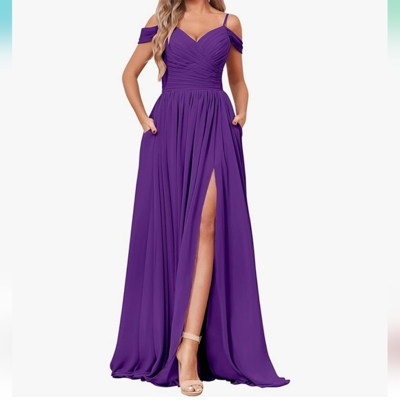 BOLENSYE Off The Shoulder Pockets Ruched Chiffon Gown in Purple Size 12 - Picture 1 of 8